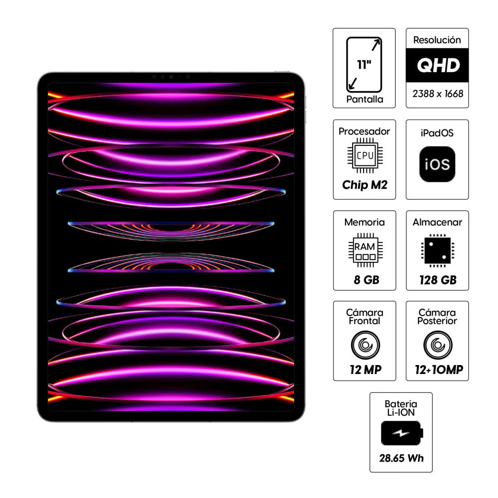 Imagen 2 del producto iPad Pro (4ta Gen) 11"" Wi-Fi, 128GB, 8GB RAM, cámara principal 12MP + 10MP y frontal 12MP, M2, gris espacial