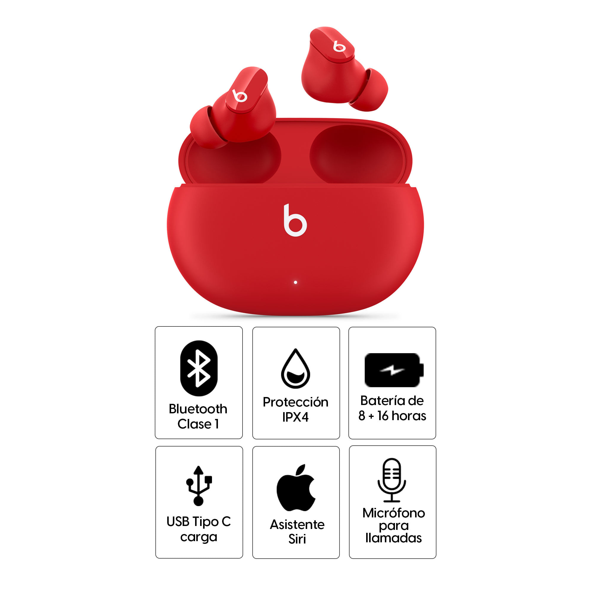 Imagen 2 del producto Audífonos bluetooth True Wireless Beats Studio Buds resistente al agua IPX4, duración máx. 8 horas, control de música y llamadas, rojo