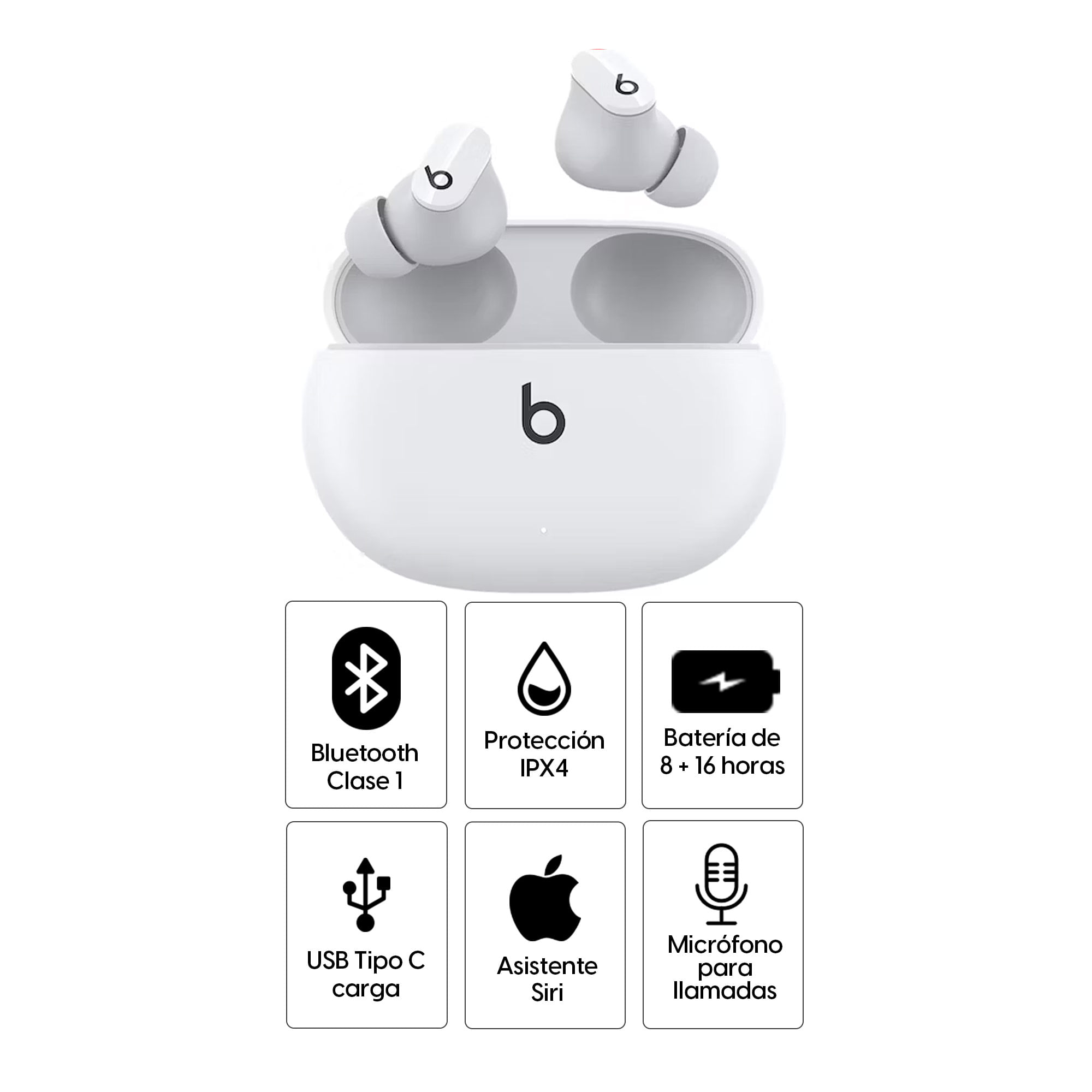 Imagen 2 del producto Audífonos bluetooth True Wireless Beats Studio Buds resistente al agua IPX4, duración máx. 8 horas, control de música y llamadas, blanco