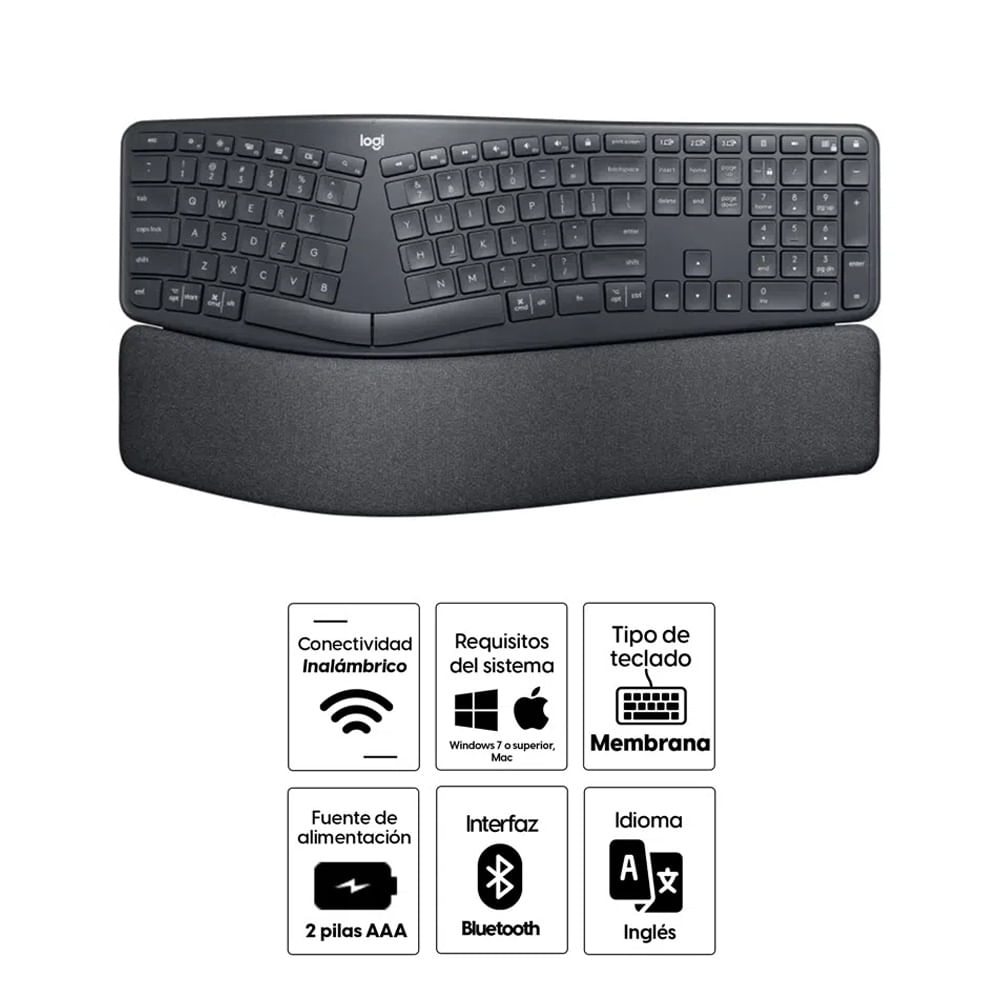 Imagen 2 del producto Reacondicionado: Teclado inalámbrico Logitech ERGO K860, membrana, bluetooth, ergonómico, teclado numérico, usa pilas, negro