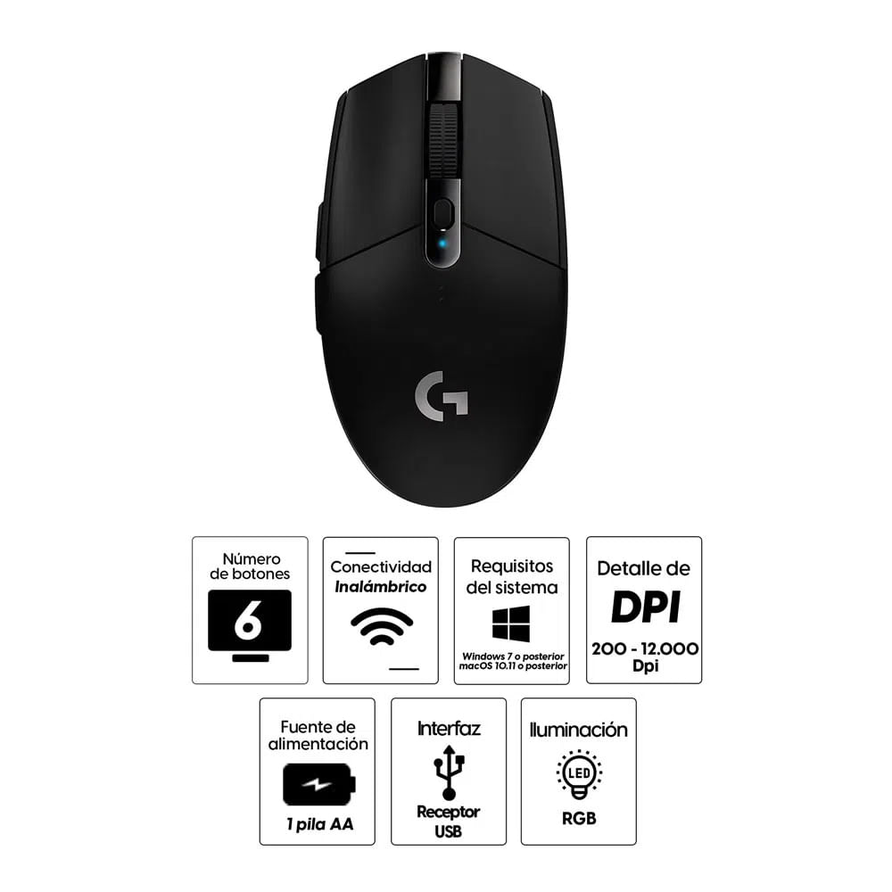 Imagen 2 del producto Reacondicionado: Mouse gamer Logitech G305 Lightspeed Wireless, receptor usb, 12000 dpi, 6 botones, usa pila, negro