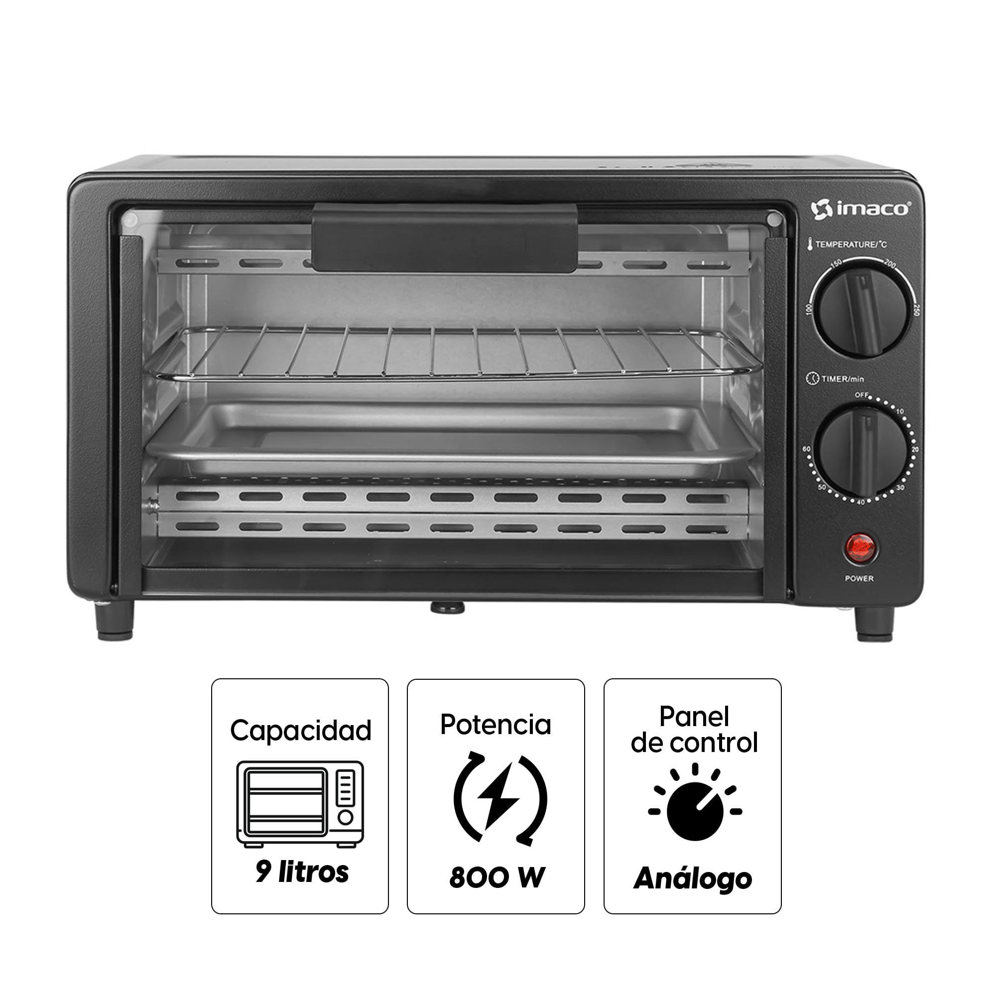Imagen 2 del producto Horno eléctrico Imaco HE900B 800w, 9 litros, temperatura máx. 200°c, negro