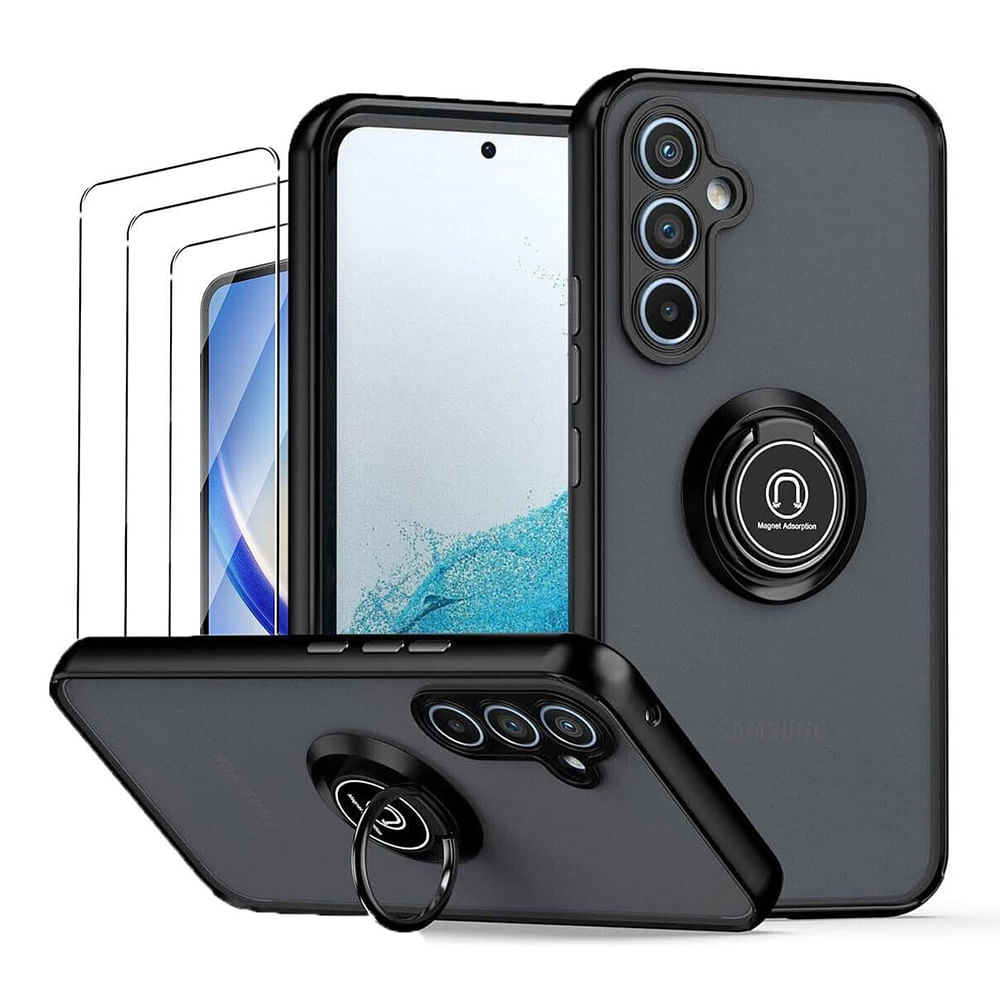 Case para Samsung Galaxy A54 con anillo de soporte magnético, amortiguador de choques, protección de cámaras, negro