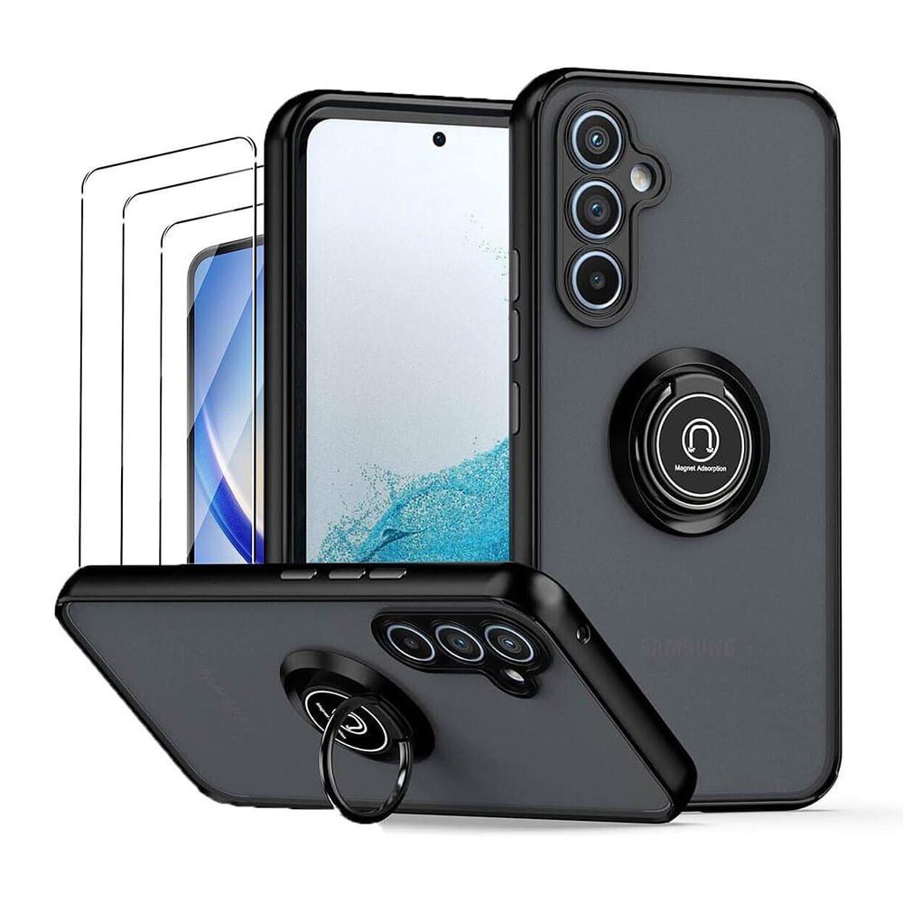 Case para Samsung Galaxy A34 con anillo de soporte magnético, amortiguador de choques, protección de cámaras, negro