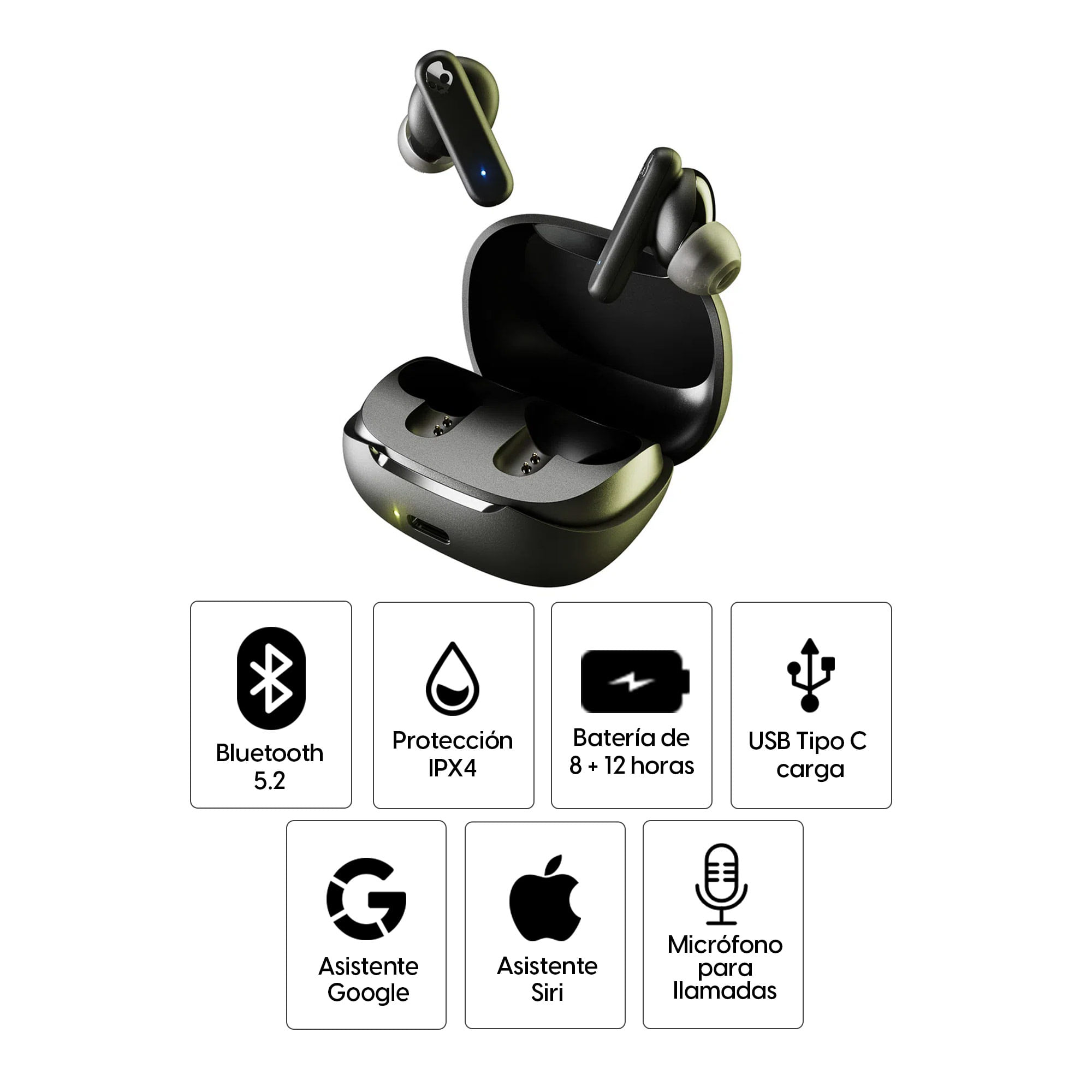 Imagen 2 del producto Audífonos bluetooth True Wireless Skullcandy Smokin'Buds resistente al agua IPX4 duración máx. 20 horas con estuche de carga, negro