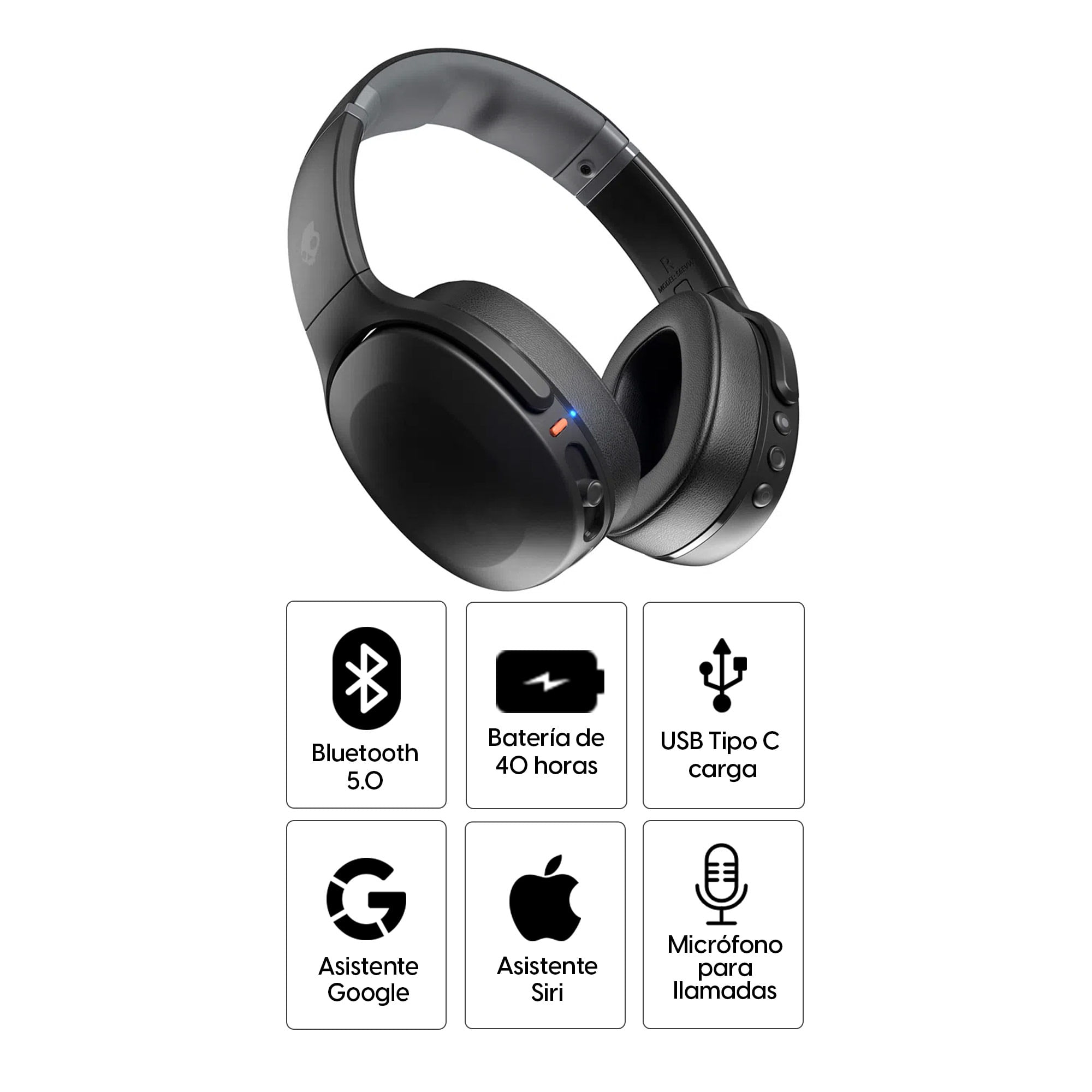 Imagen 2 del producto Audífonos bluetooth on ear Skullcandy Crusher Evo micrófono incorporado, máx. 40 horas, control de música y llamadas, rastreador Tile, negro