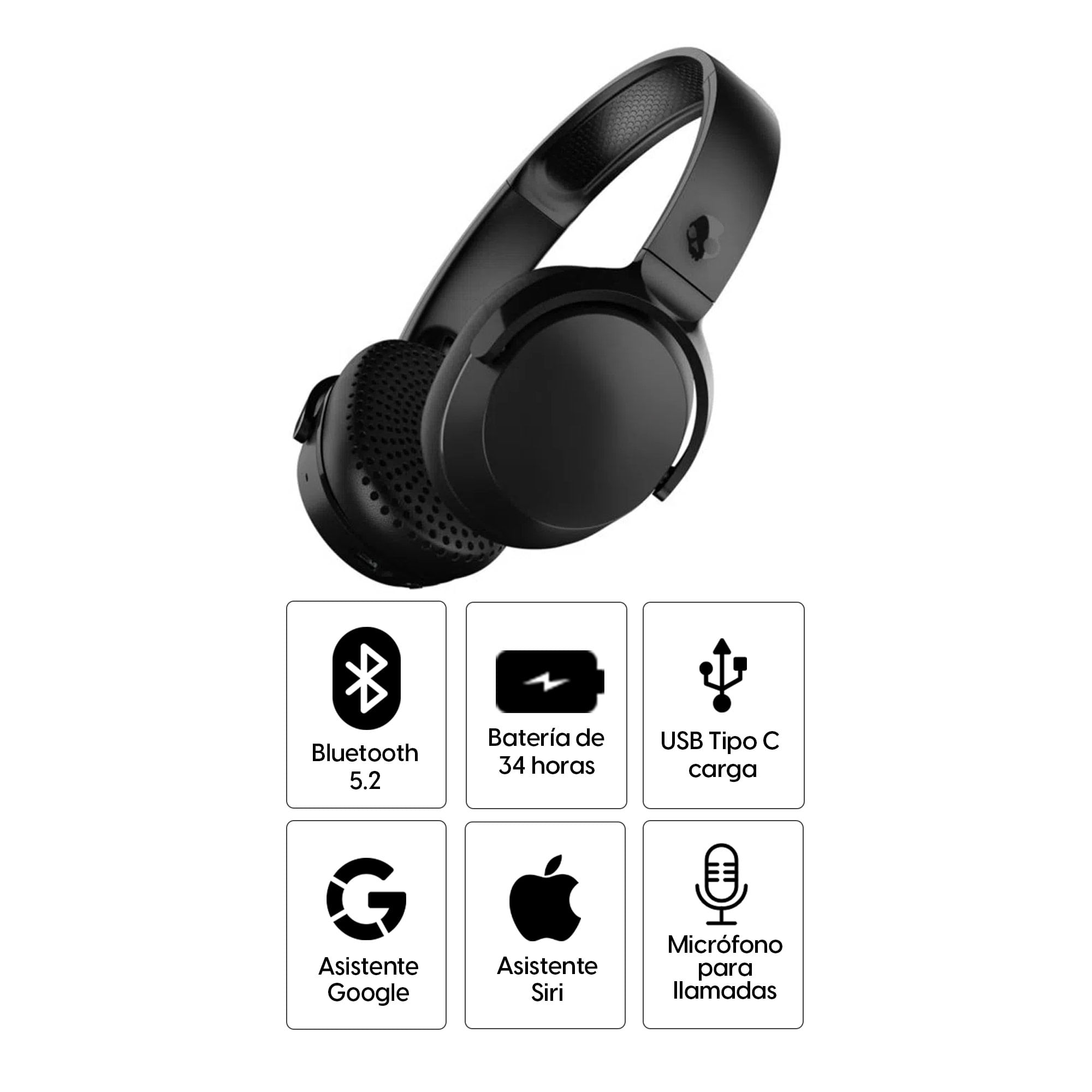 Imagen 2 del producto Audífonos bluetooth on ear Skullcandy Riff 2 micrófono incorporado, máx 34 horas, control música y llamadas, rastreador Tile, negro