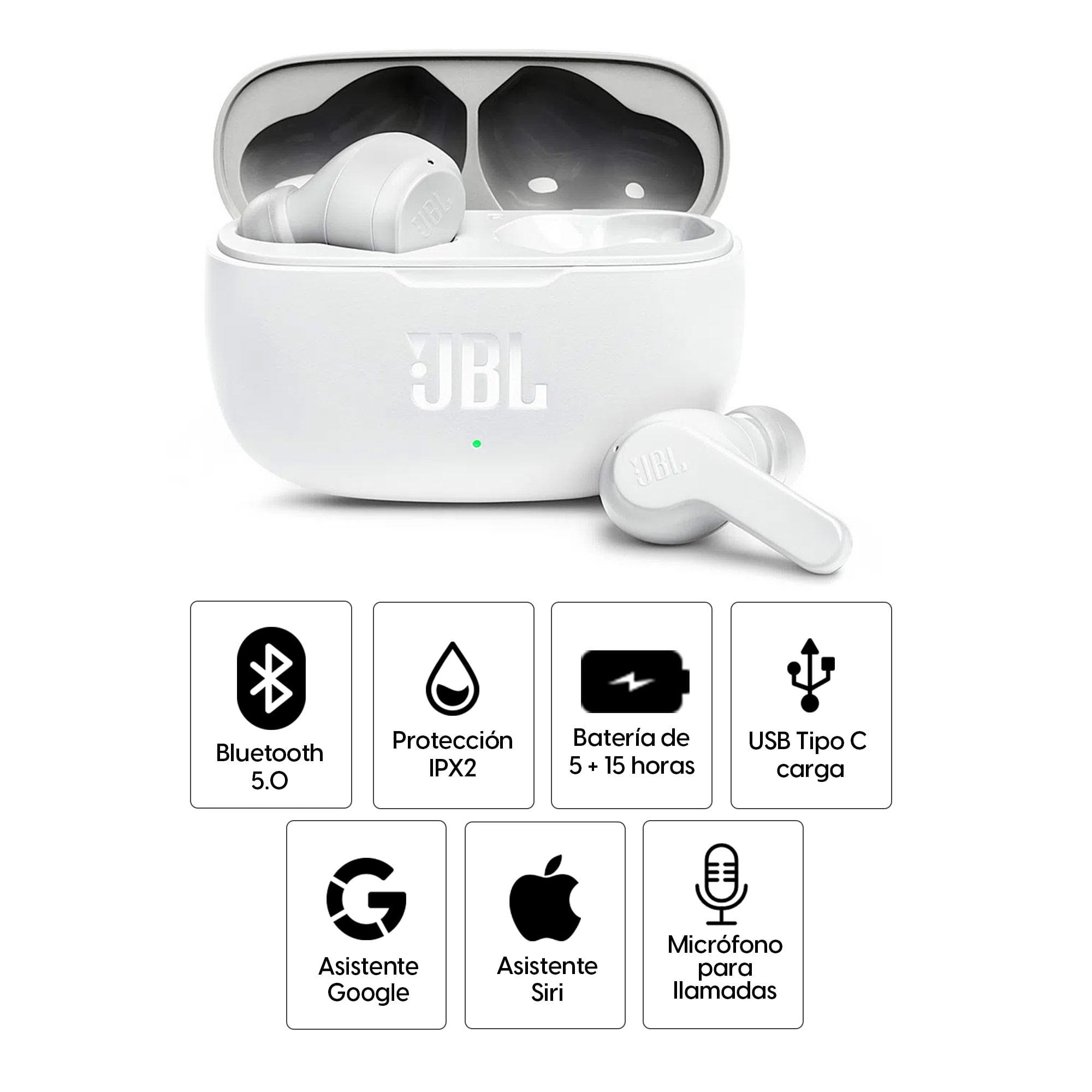 Imagen 2 del producto Audífonos bluetooth True Wireless JBL Vibe 200 resistente al agua IPX2, duración máx. 5 horas, control de música y llamadas, blanco