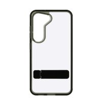 Case para Samsung S23 rígido con soporte negro, amortiguador de choques, transparente