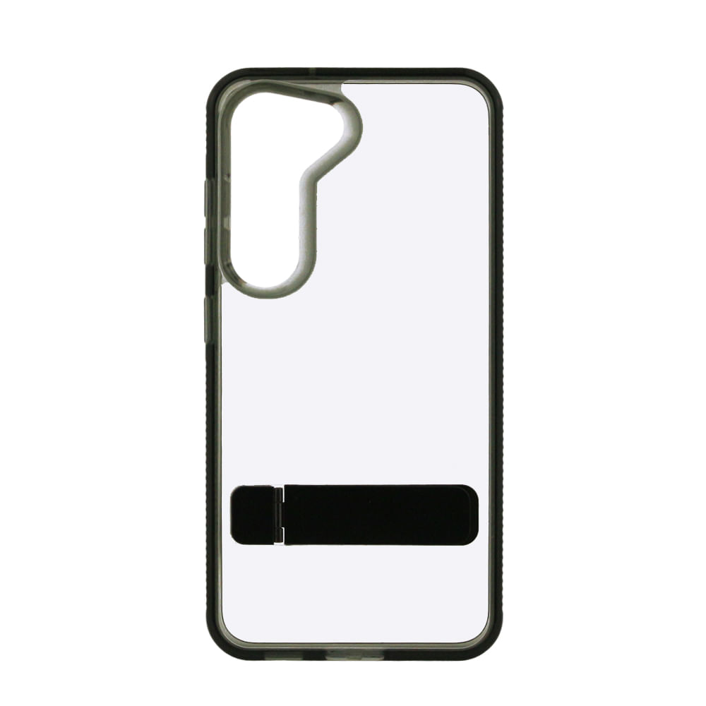 Case para Samsung S23 rígido con soporte negro, amortiguador de choques, transparente
