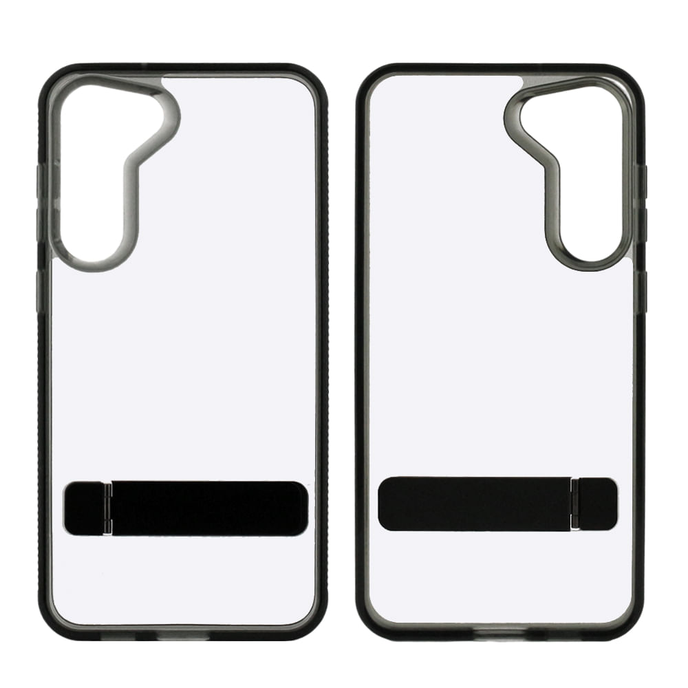 Case para Samsung S23+ con soporte negro, amortiguador de choques, transparente
