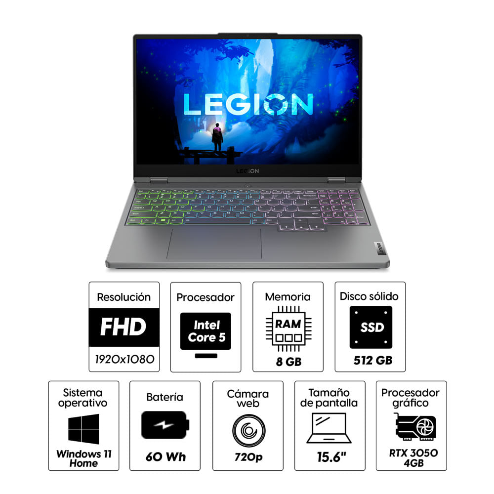 Imagen 2 del producto Laptop gamer Lenovo Legion 15IAH7 15.6"" Intel Core i5-12450H, 512GB, 8GB RAM, GeForce RTX 3050, Win11, gris