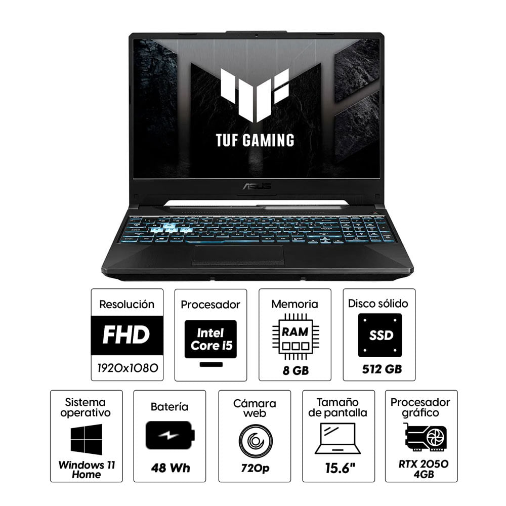 Imagen 2 del producto Laptop gamer Asus Tuf 15.6"" Intel Core i5-11400H, 512GB SSD, 8GB RAM, GeForce RTX 2050, Win11 Home, negro