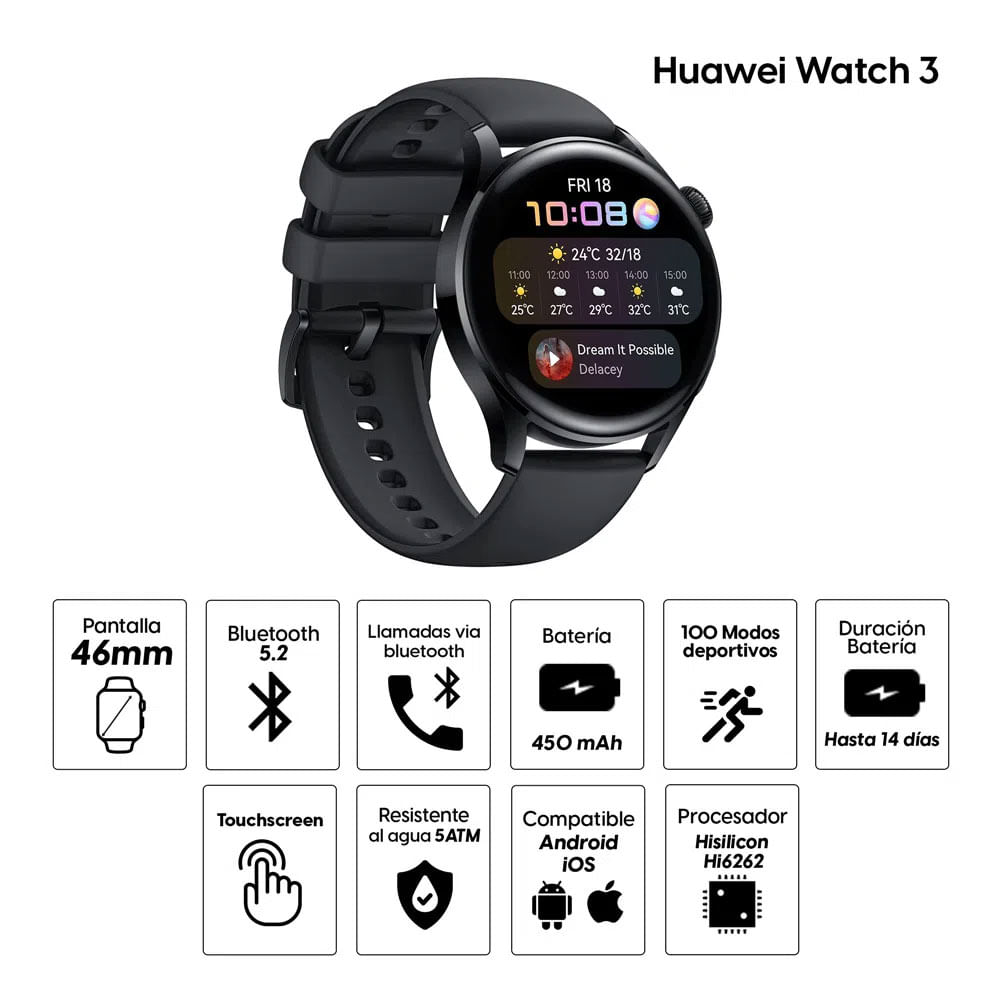 Imagen 2 del producto Reacondicionado: Smartwatch Huawei Watch 3 gps, resistente al agua, máx. 14 días, modos deportivos, 1.4"", negro