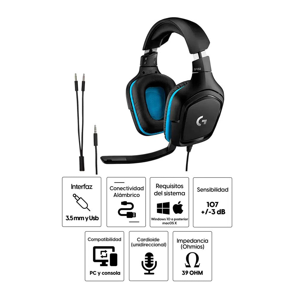 Imagen 2 del producto Reacondicionado: Audífonos gamer Logitech G G432 conexión usb y 3.5 mm, 39 ohm, sensibilidad 107 +/-3 dB, compatible PC y consolas