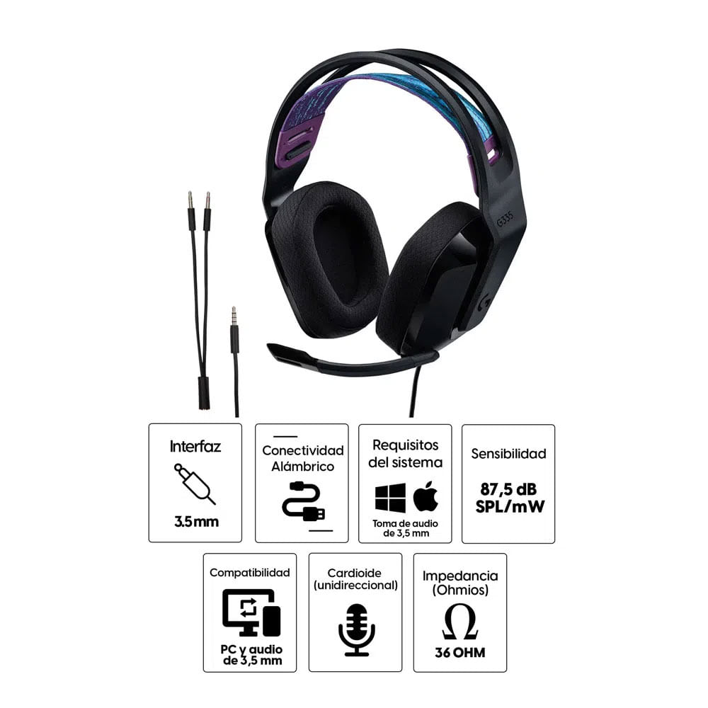Imagen 2 del producto Reacondicionado: Audífonos gamer Logitech G G335 conexión jack 3.5, 36 ohms, sensibilidad: 87.5 dB, compatible PC y consolas, negro