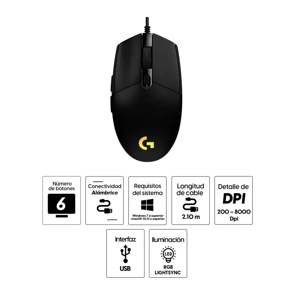Imagen 2 del producto Reacondicionado: Mouse gamer alámbrico Logitech G203 Lightsync, conexión usb, 8000 dpi, 6 botones, luces RGB, negro
