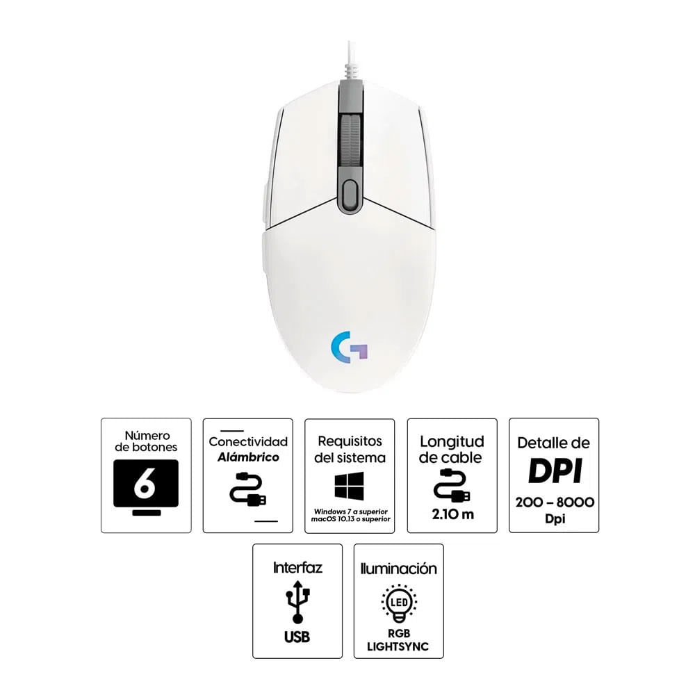Imagen 2 del producto Reacondicionado: Mouse gamer alámbrico Logitech G203 Lightsync, conexión usb, 8000 dpi, 6 botones, luces RGB, blanco
