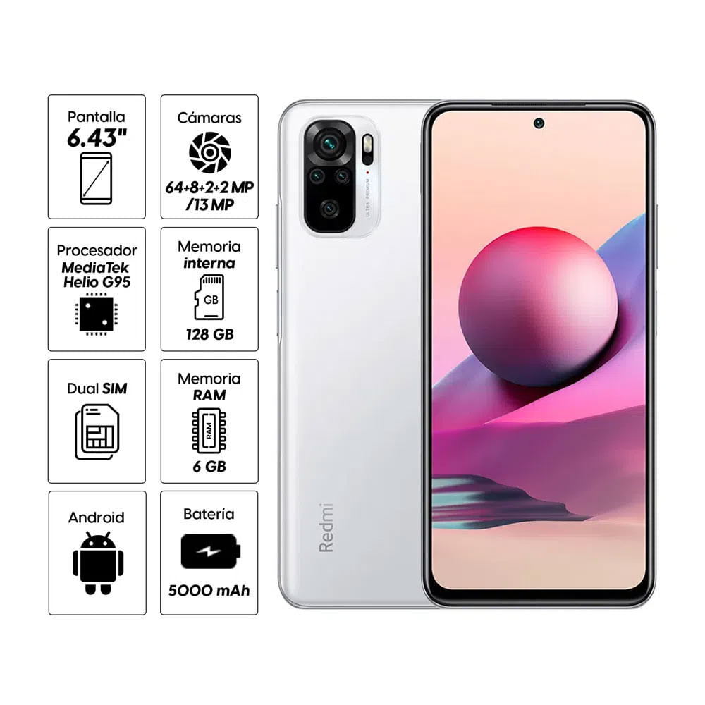 Imagen 2 del producto Reacondicionado: Celular Xiaomi Redmi Note 10S 128GB, 6GB RAM, cámara trasera 64MP y frontal 13MP, 6.43"", blanco