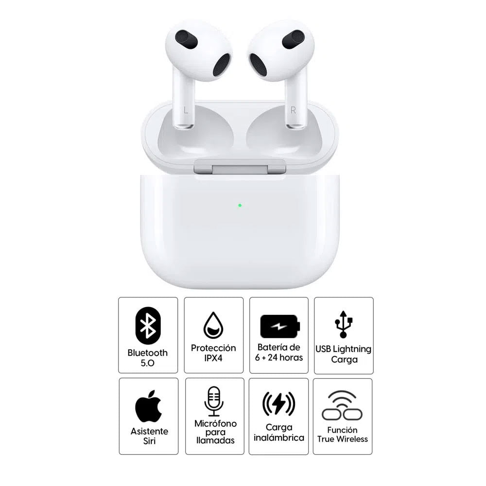 Imagen 2 del producto Reacondicionado: Audífonos bluetooth True Wireless Apple Airpods 3ra gen resistente al agua IPX4 duración máx. 6 horas carga inalámbrica Qi blanco