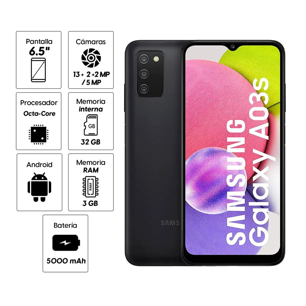 Imagen 2 del producto Reacondicionado: Celular Samsung A03s 32GB, 3GB RAM, cámara trasera 13MP y frontal 5MP, 6.5"", MediaTek, negro