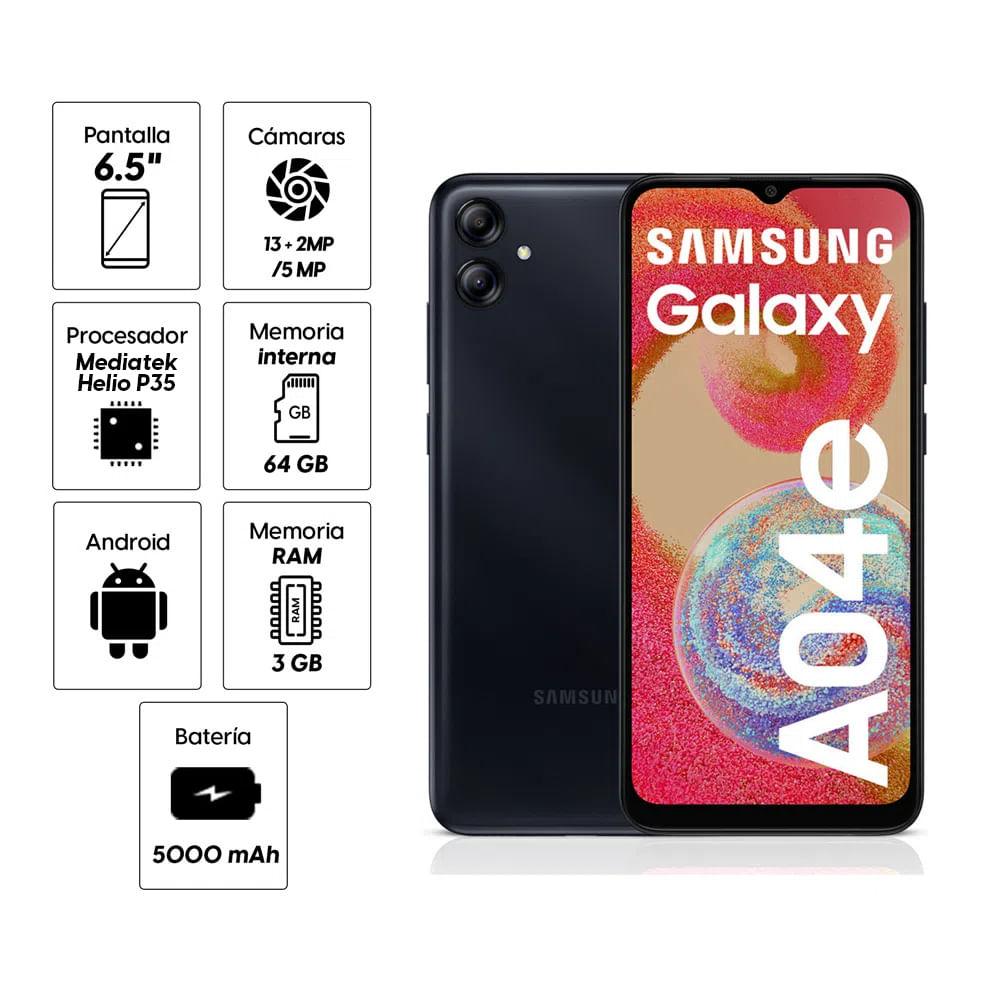 Imagen 2 del producto Reacondicionado: Celular Samsung Galaxy A04e 64GB, 3GB RAM, cámara trasera 13MP y frontal 5MP, 6.5"", negro