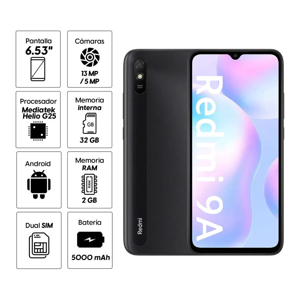 Imagen 2 del producto Reacondicionado: Celular Xiaomi Redmi 9A 32GB, 2GB RAM, cámara trasera 13MP y frontal 5MP, 6.53"", negro