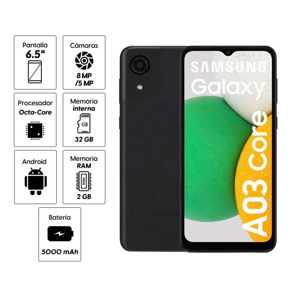 Imagen 2 del producto Reacondicionado: Celular Samsung Galaxy A03 Core, 32GB, 2GB RAM, cámara trasera 8MP y frontal 5MP, 6.5"", Octa-Core, negro