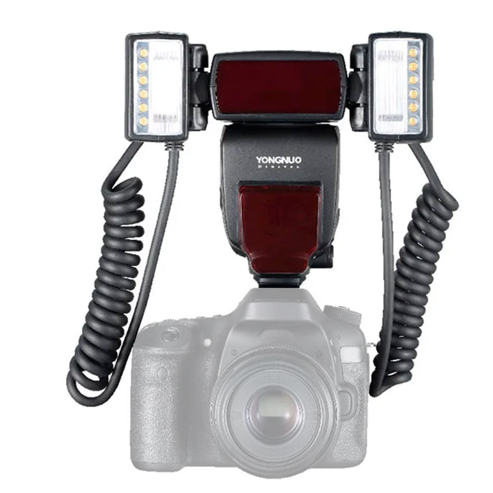 Flash macro Yongnuo YN24EX, E-TTL, doble cabezal, 5600K, 3s reciclaje, luz LED enfoque, compatible Canon, negro