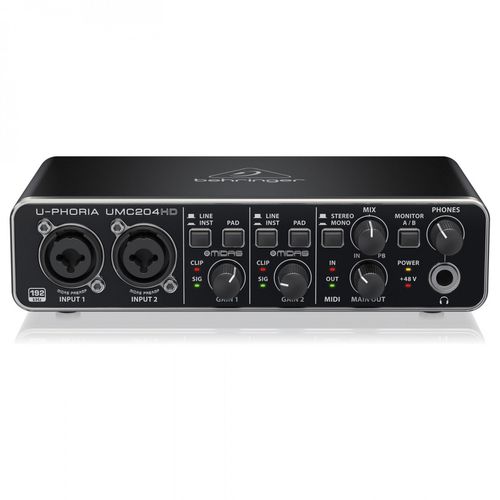 Interfaz de audio Behringer U-Phoria UMC204HD, USB, 2x4, preamplificadores MIDAS, compatible con micrófono, guitarra, bajo y teclado, negro