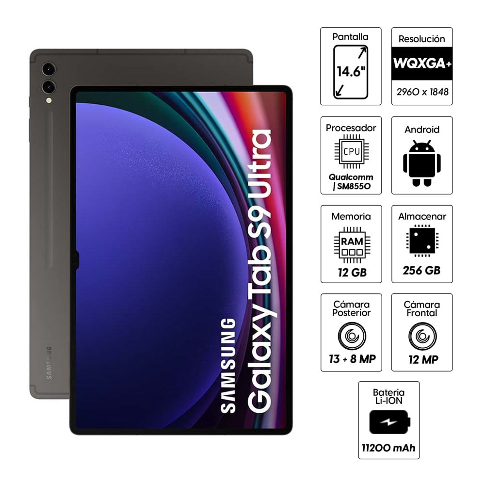 Imagen 2 del producto Tablet Samsung Galaxy Tab S9 Ultra 14.6"" 2960 x 1848 (WQXGA+) 256GB, 12GB RAM, cámara principal 13MP + 8MP y frontal 12MP, negro +  cargador