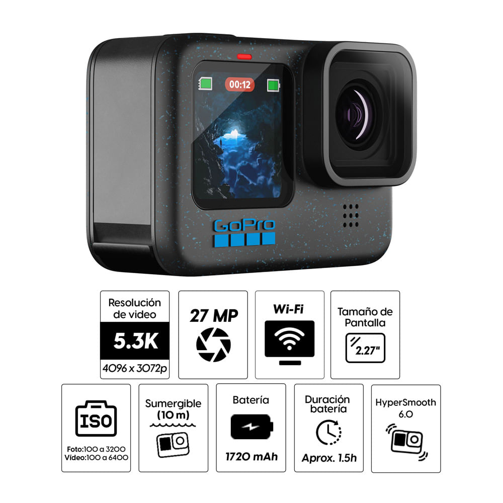 Imagen 2 del producto Cámara de acción GoPro Hero 12 Black 5.3K, 27MP, pantalla táctil fija,  sumergible 10 metros