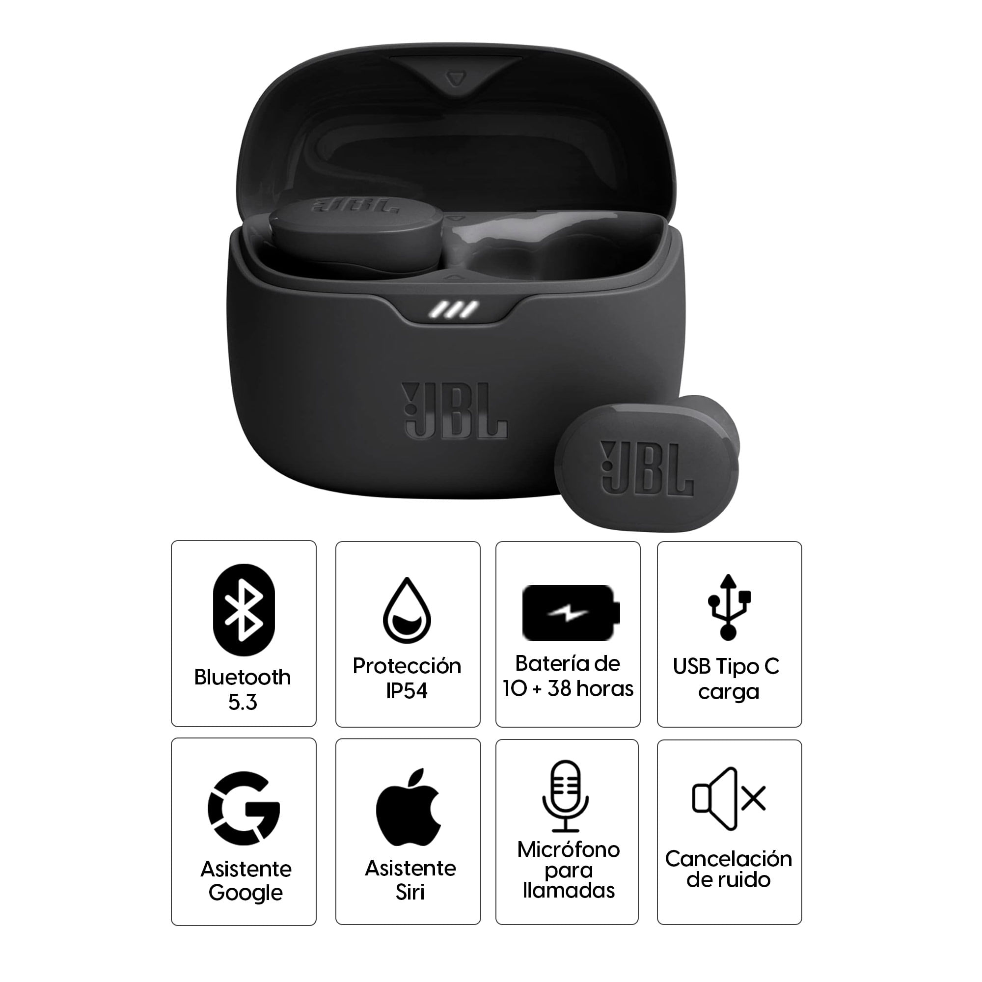 Imagen 2 del producto Audífonos bluetooth True Wireless JBL Tune Buds resistente al agua IP54, duración máx. 10 horas, cancelación de ruido, negro