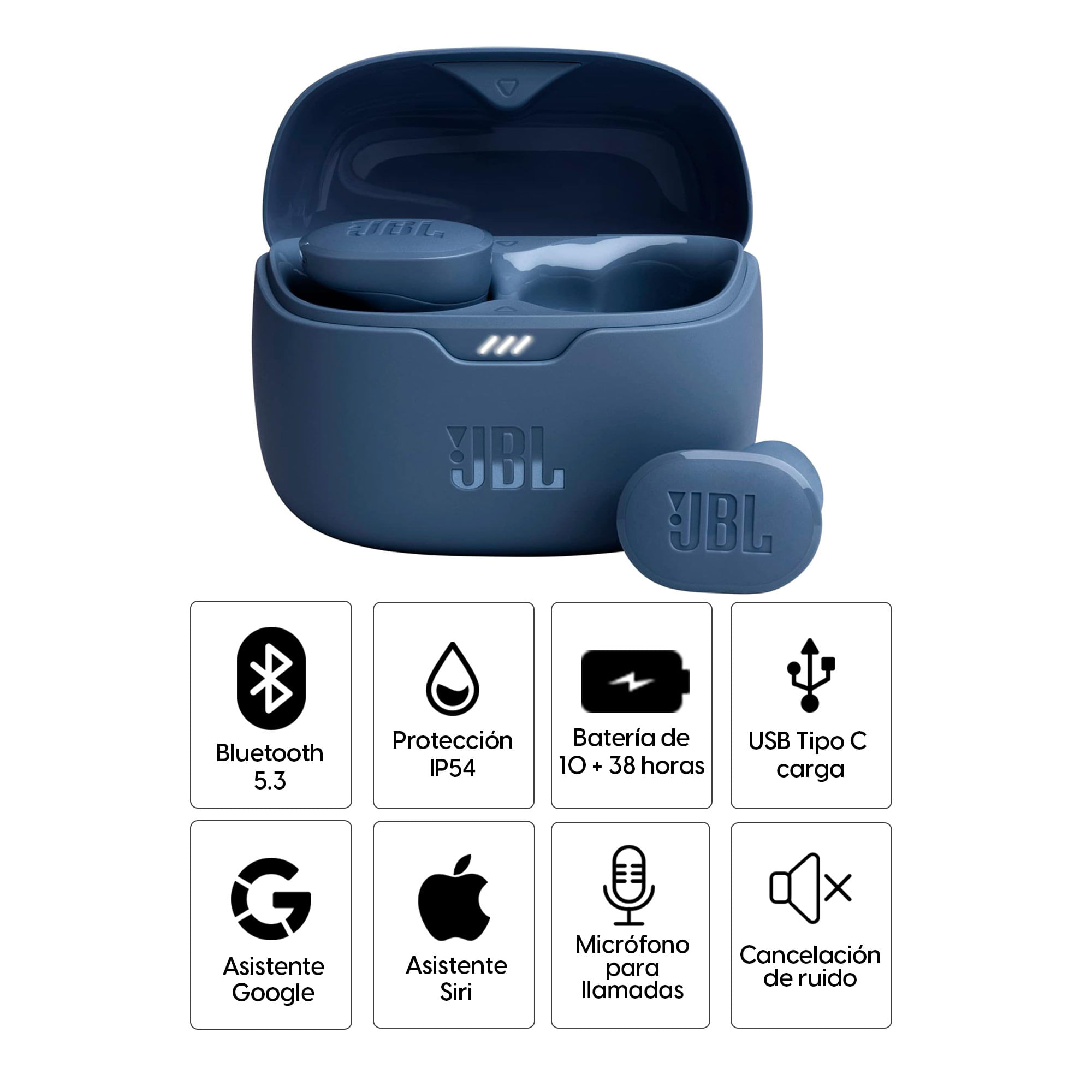 Imagen 2 del producto Audífonos bluetooth True Wireless JBL Tune Buds resistente al agua IP54, duración máx. 10 horas, cancelación de ruido, azul