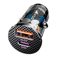 Cargador de auto Usams US-CC127 dual, 1 puerto usb, 1 puerto tipo C, 22.5W + PD 20W, carga rápida, negro