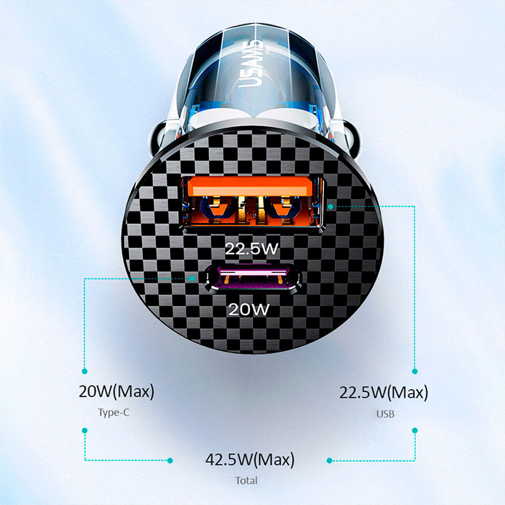 Imagen 2 del producto Cargador de auto Usams US-CC127 dual, 1 puerto usb, 1 puerto tipo C, 22.5W + PD 20W, carga rápida, negro