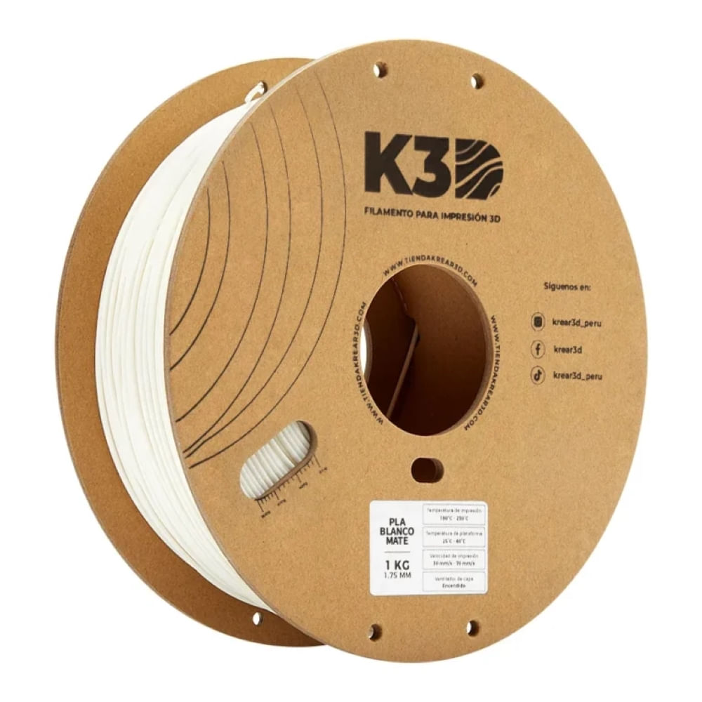 Imagen 1 del producto Filamento K3D PLA Blanco Mate (1.75mm, 1Kg)