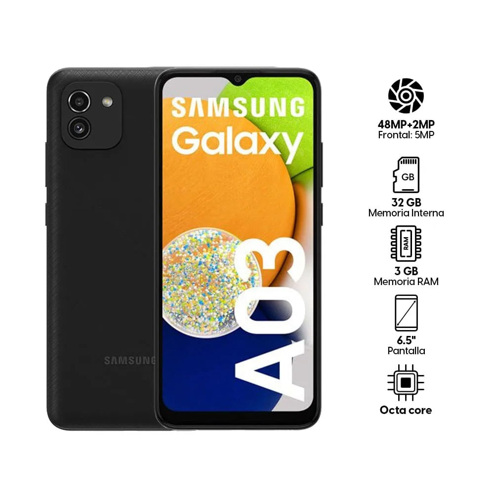 Imagen 2 del producto Reacondicionado: Celular Samsung Galaxy A03, 32GB, 3GB RAM, cámara trasera 48MP y frontal 5MP, 6.5"", Octa-Core, negro
