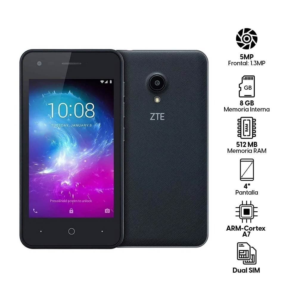 Imagen 2 del producto Reacondicionado: Celular ZTE Blade L130 3G, 8GB, 512MB RAM, cámara trasera 5MP y frontal 1.3MP, 4"", negro