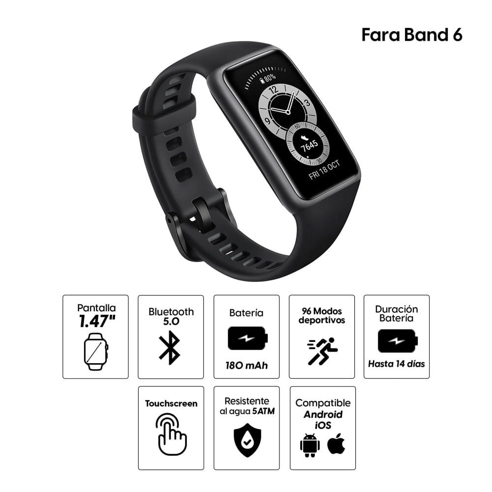 Imagen 2 del producto Smartband Huawei Fara Band 6 resistente al agua, máx. 14 días, 96 modos deportivos, 1.47"", negro (reempacado)