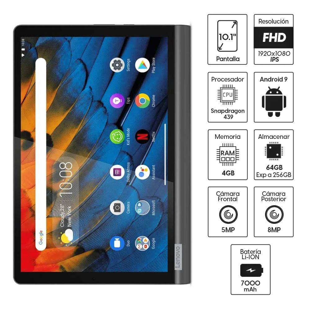 Imagen 2 del producto Tablet Lenovo Yoga Smart Tab 10.1"", 64GB, 4GB RAM, cámara principal 8MP y frontal 5MP, Snapdragon 439, 7000 mAh, Android 9.0 Pie, negro (reempacado)
