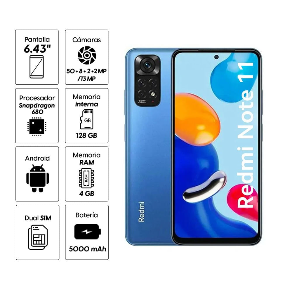 Imagen 2 del producto Celular Xiaomi Redmi Note 11 EU 128GB, 4GB RAM, cámara trasera 50MP y frontal 13MP, 6.43"", azul (reempacado)
