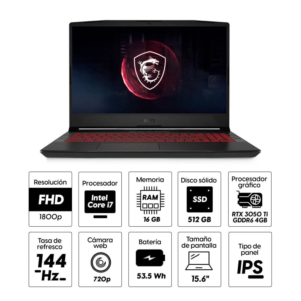 Imagen 2 del producto Laptop gamer Msi GL66 Pulse 15.6"" Intel Core i7 11va Gen-11800H, 512GB SSD, 16GB RAM, GeForce RTX 3050, FreeDOS - sin sistema operativo (reempacado)