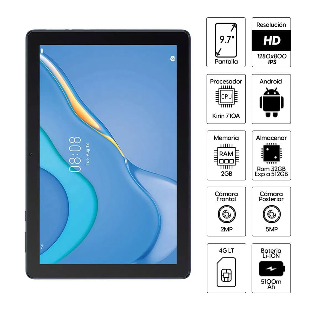 Imagen 2 del producto Tablet Huawei Matepad T10, ranura Sim 4G, 9.7"", 32GB, 2GB RAM, cámara principal 5MP y frontal 2MP, Kirin 710A, 5100 mAh, EMUI 10.1, azul (reempacado)
