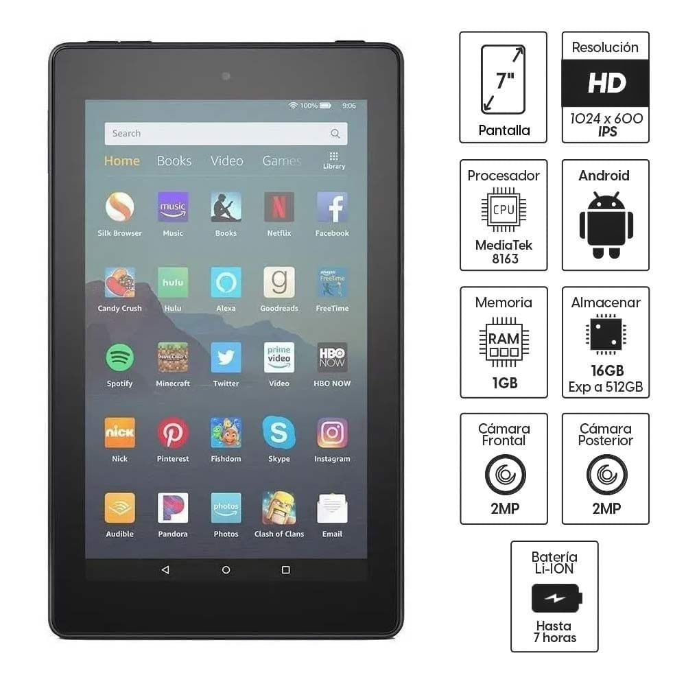 Imagen 2 del producto Tablet Amazon Fire 7""  16GB, 1GB RAM, cámara principal 2MP y frontal 2MP, MediaTek 8163, hasta 7 horas, negro (reempacado)