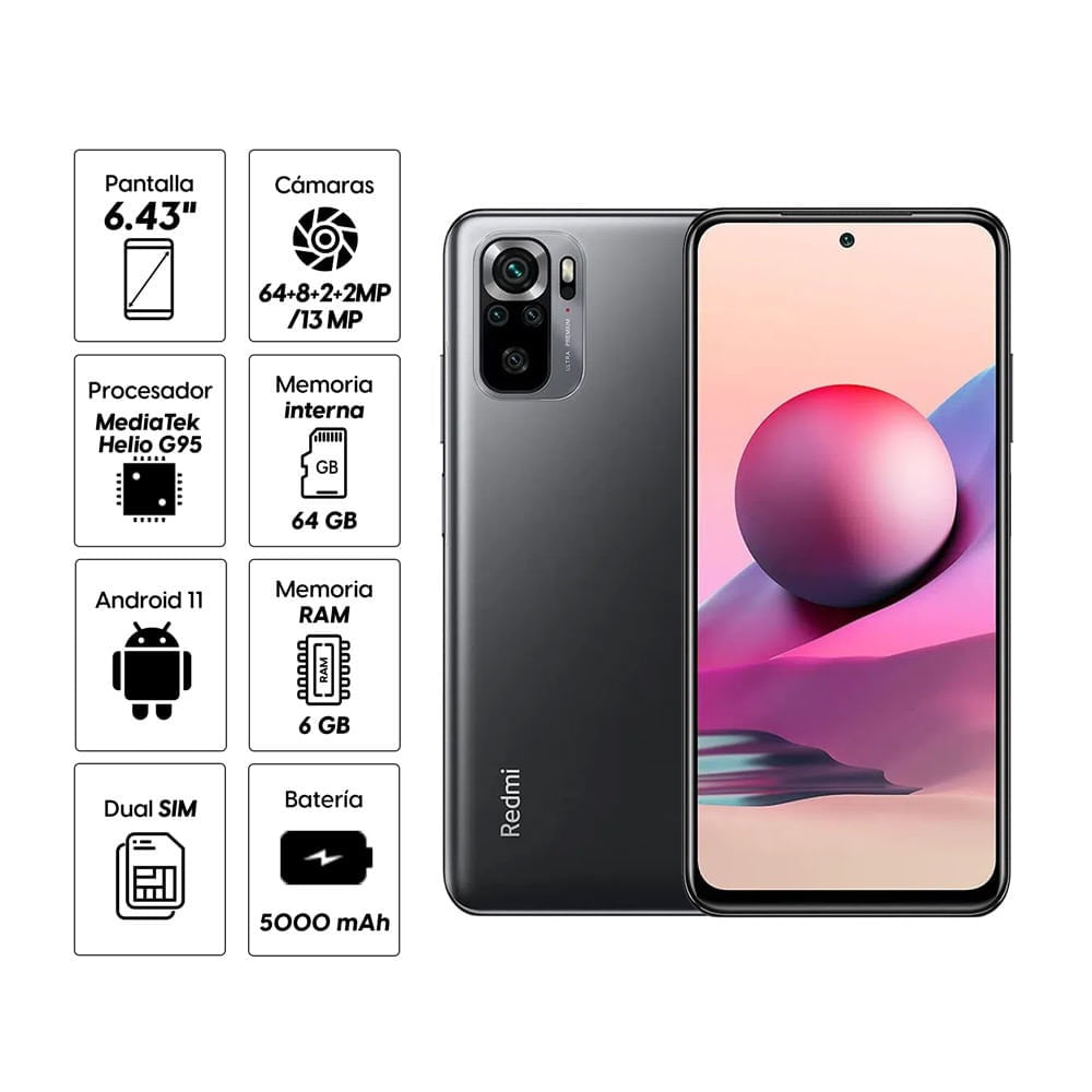Imagen 2 del producto Celular Xiaomi Redmi Note 10S 64GB, 6GB RAM, cámara trasera 64MP y frontal 13MP, 6.43"", gris (reempacado)