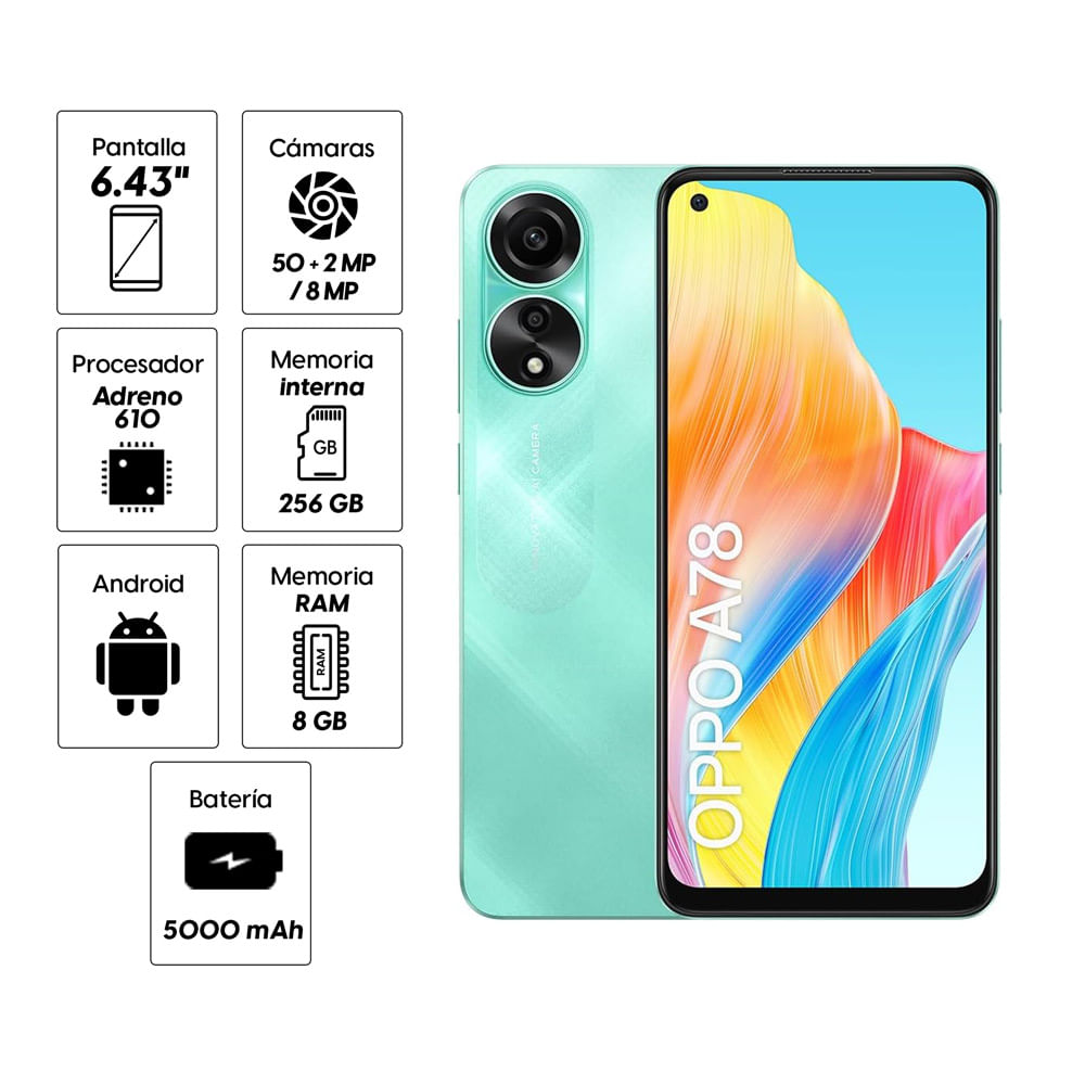 Imagen 2 del producto Celular Oppo A78 256GB, 8GB RAM, cámara principal 50MP + 2MP, frontal 8MP, 6.43"", verde