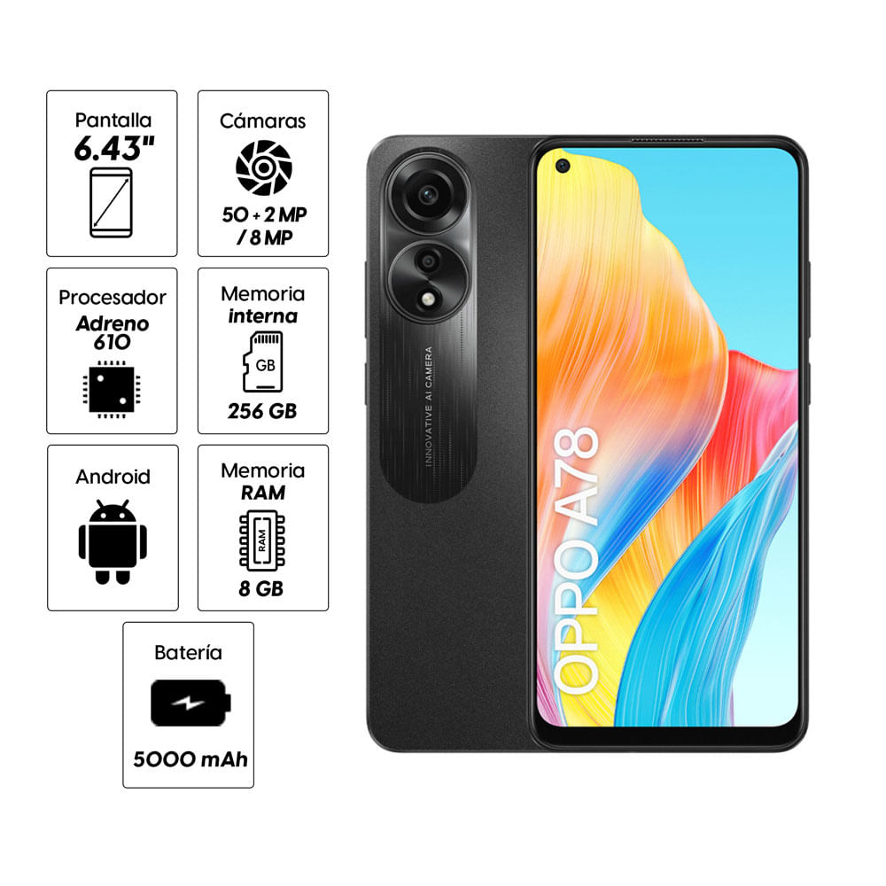 Imagen 2 del producto Celular Oppo A78 256GB, 8GB RAM, cámara principal 50MP + 2MP, frontal 8MP, 6.43"", negro