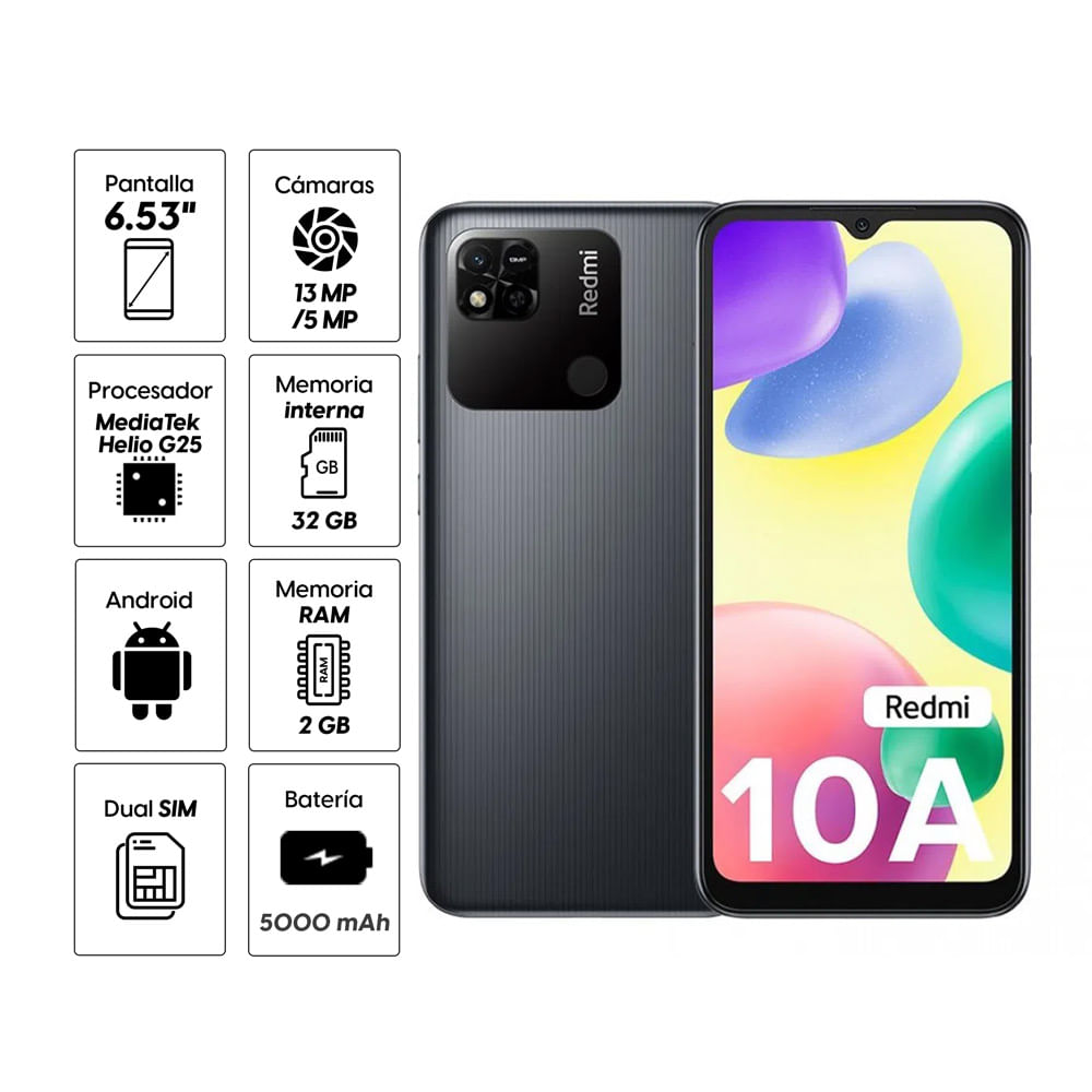 Imagen 2 del producto Reacondicionado: Celular Xiaomi Redmi 10A 32GB, 2GB RAM, cámara trasera 13MP y frontal 5MP, 6.53"", gris
