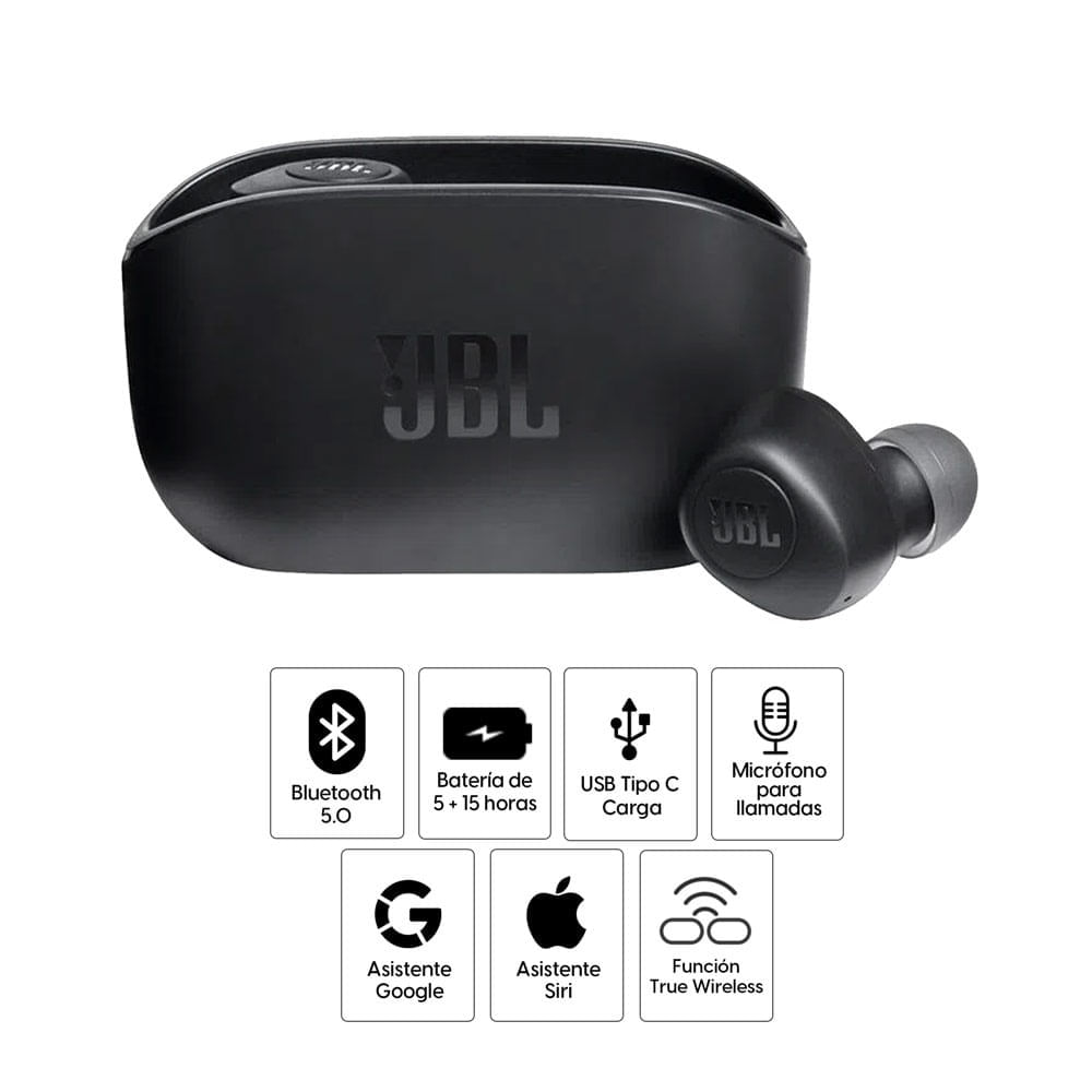 Imagen 2 del producto Reacondicionado: Audífonos bluetooth True Wireless JBL Wave 100 Deep Bass duración máx. 5 horas, control de música y llamadas, negro